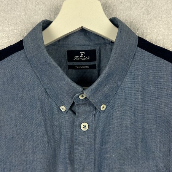 Faconnable Shirt Mens L Chambray Contempory Blue Corduroy Yoke Roll Tab Sleeve - Picture 3 of 16
